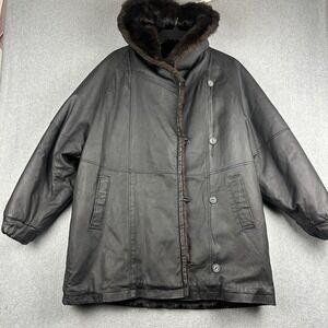 M.j. Carroll Coat Womens Medium Black Leather Faux Fur Hooded Parka Reversible